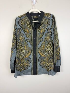 Bob Mackie Top Womens Medium Paisley Black Gold Long Sleeve Button Down Blouse